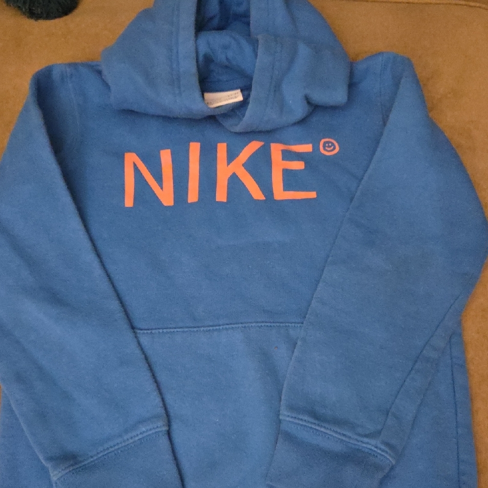 Nike Hooded Sweatshirt Orange Logo Tag on Blue Fabric Childrens S 6